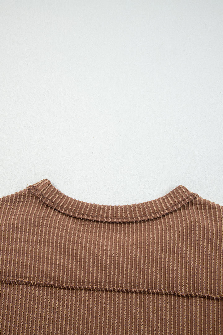 Dark Khaki Twist Ribbed Exposed Seam Detail Long Sleeve Loose Top