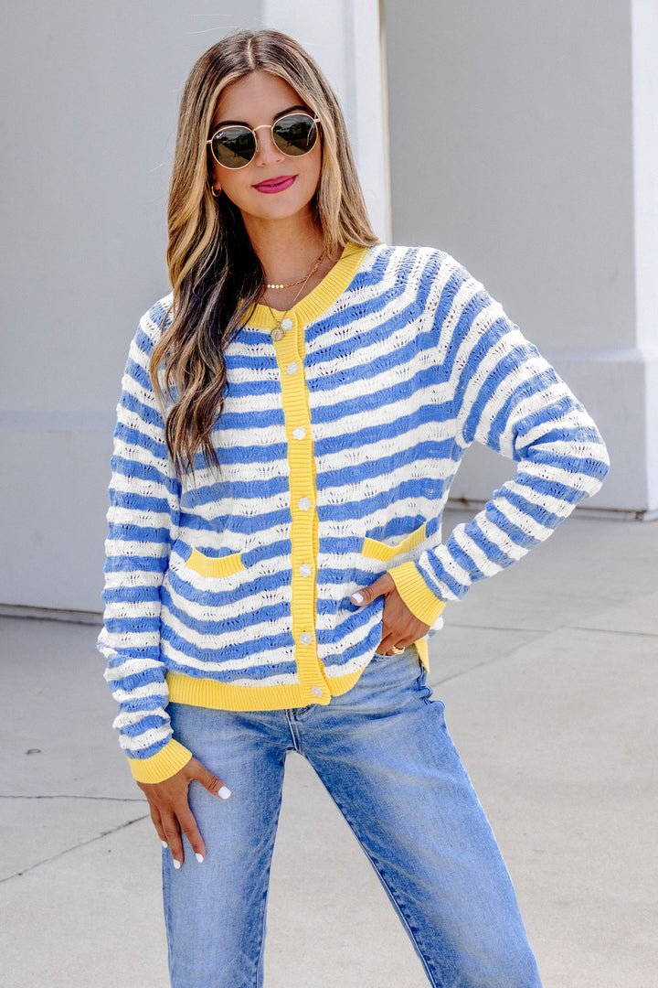Sky Blue Stripe Button Front Long Sleeve Loose Fit Knit Cardigan