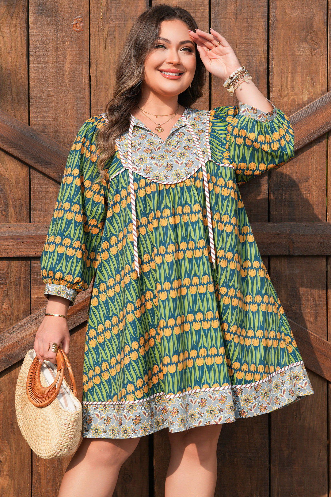 Green Plus Size Mixed Floral Print Striped Trim Loose Cotton Mini Dress
