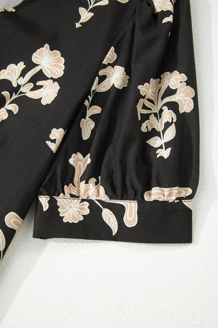 Black Frilled V Neck Puff Short Sleeve Floral Mini Dress