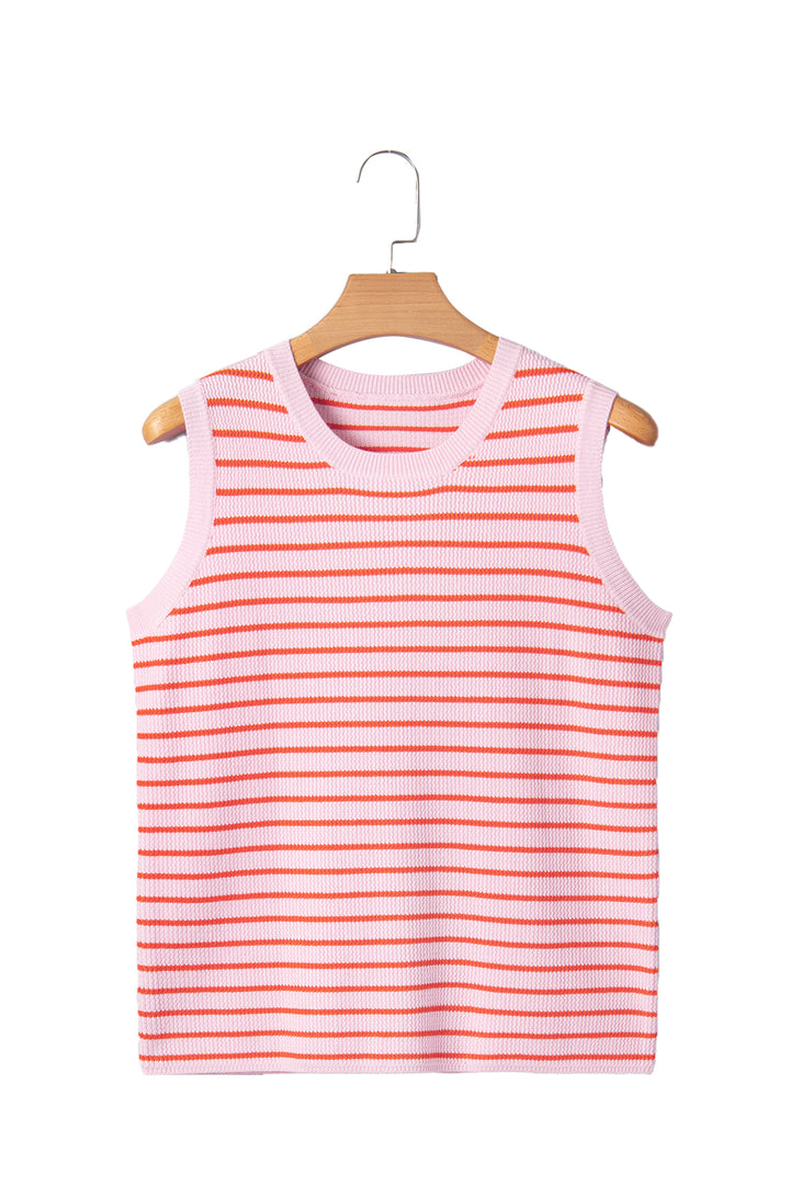 Pink Stripe Textured Knit Sleeveless Casual Sweater Top
