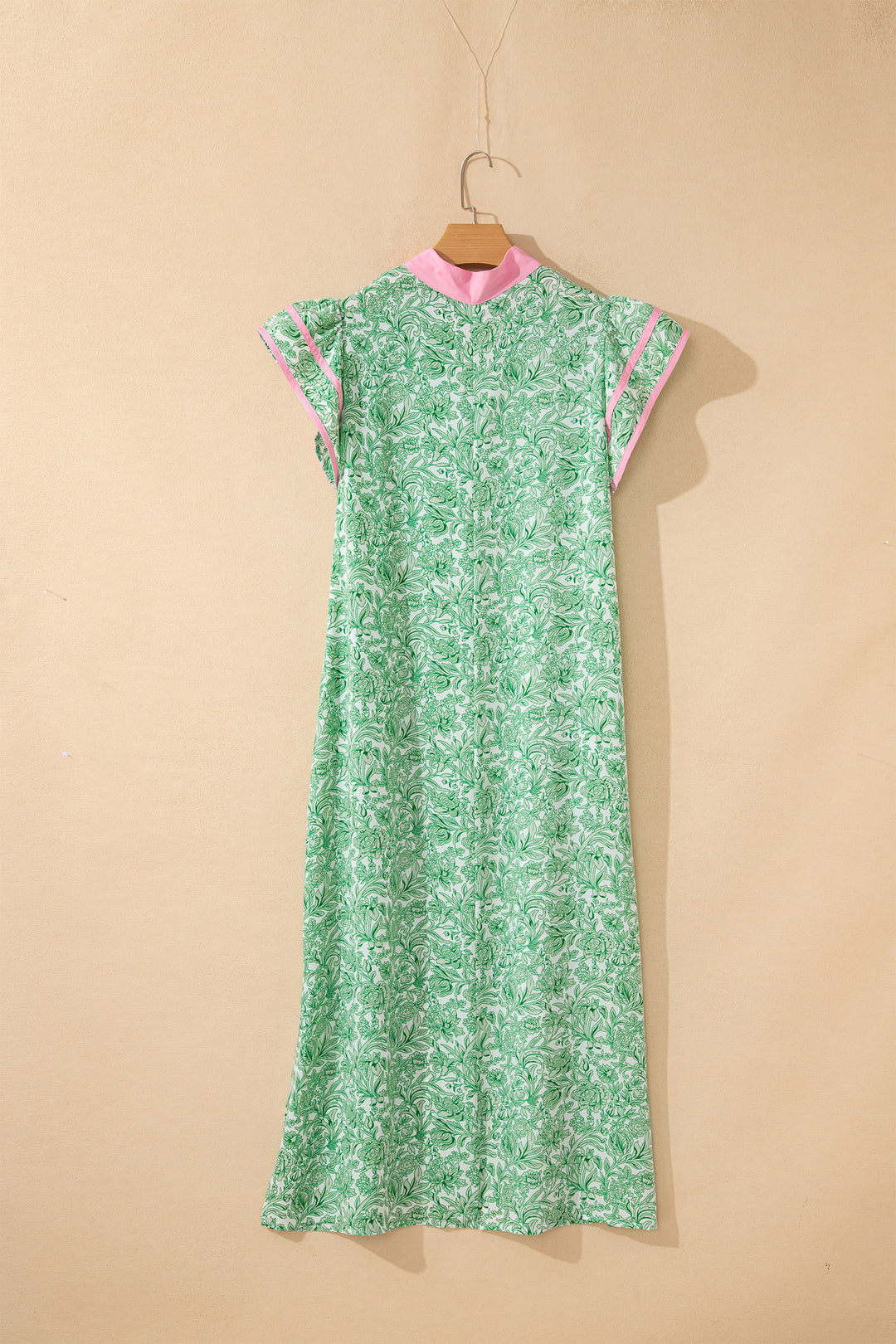 Green Floral Print Color Block Patchwork V Neck Short Sleeve Midi Dress