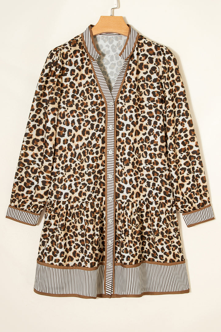 Leopard Print Striped Patchwork 3/4 Sleeve Loose Mini Dress