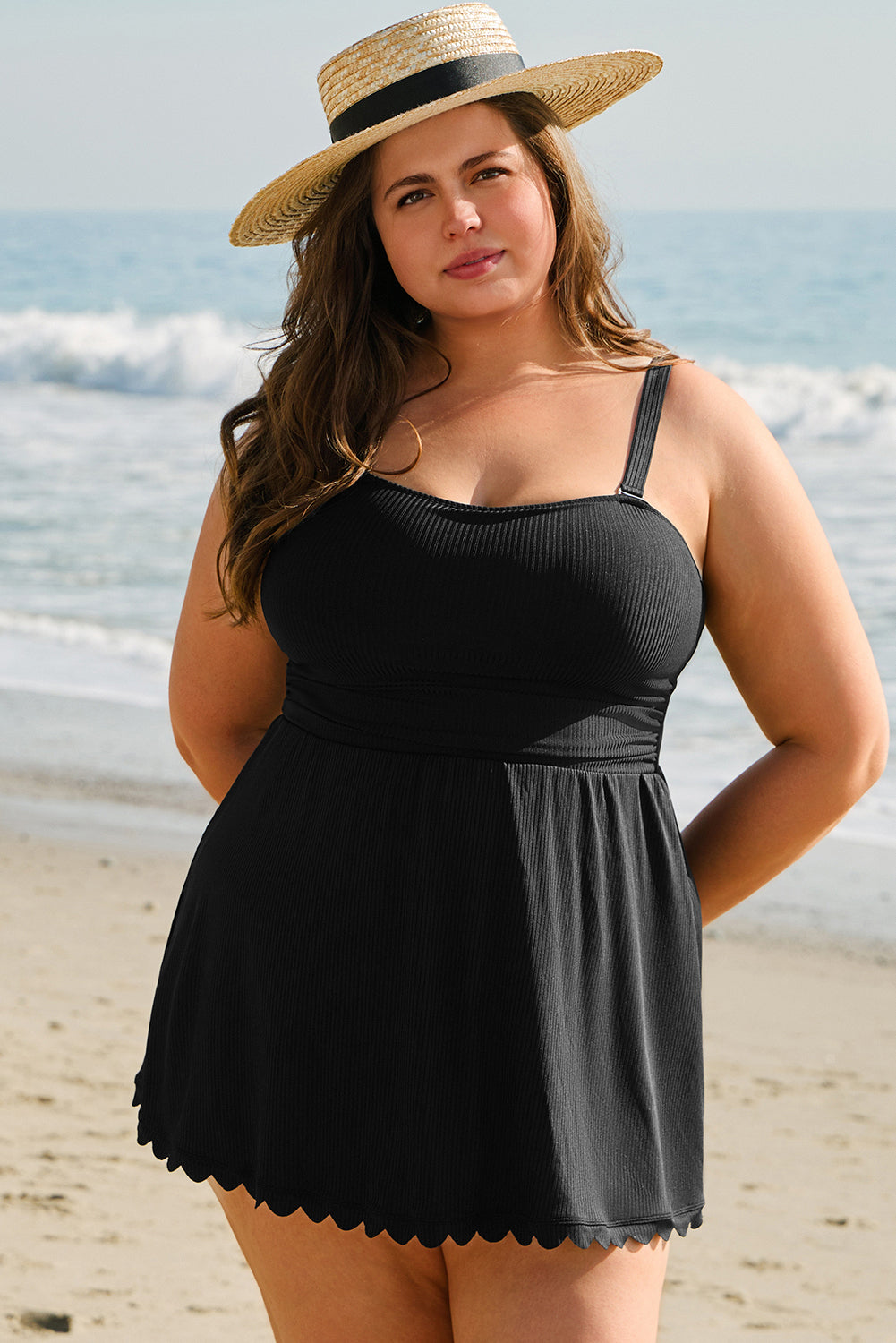 Plus Size Textured Scalloped Trim Swim Dress with Panty