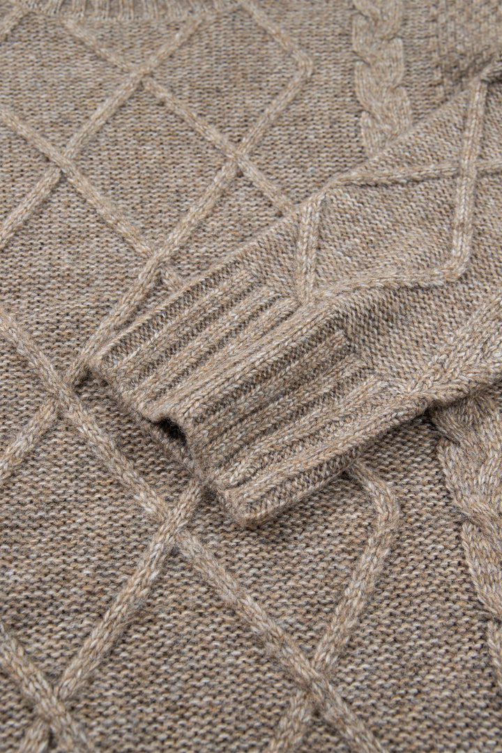 Dark Khaki High Neck Drop Shoulder Cable Knit Regular Length Sweater