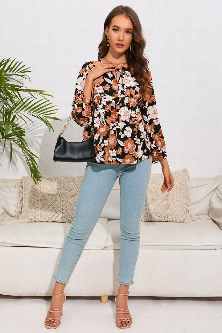 Brown Floral Print 3/4 Sleeve Babydoll Blouse