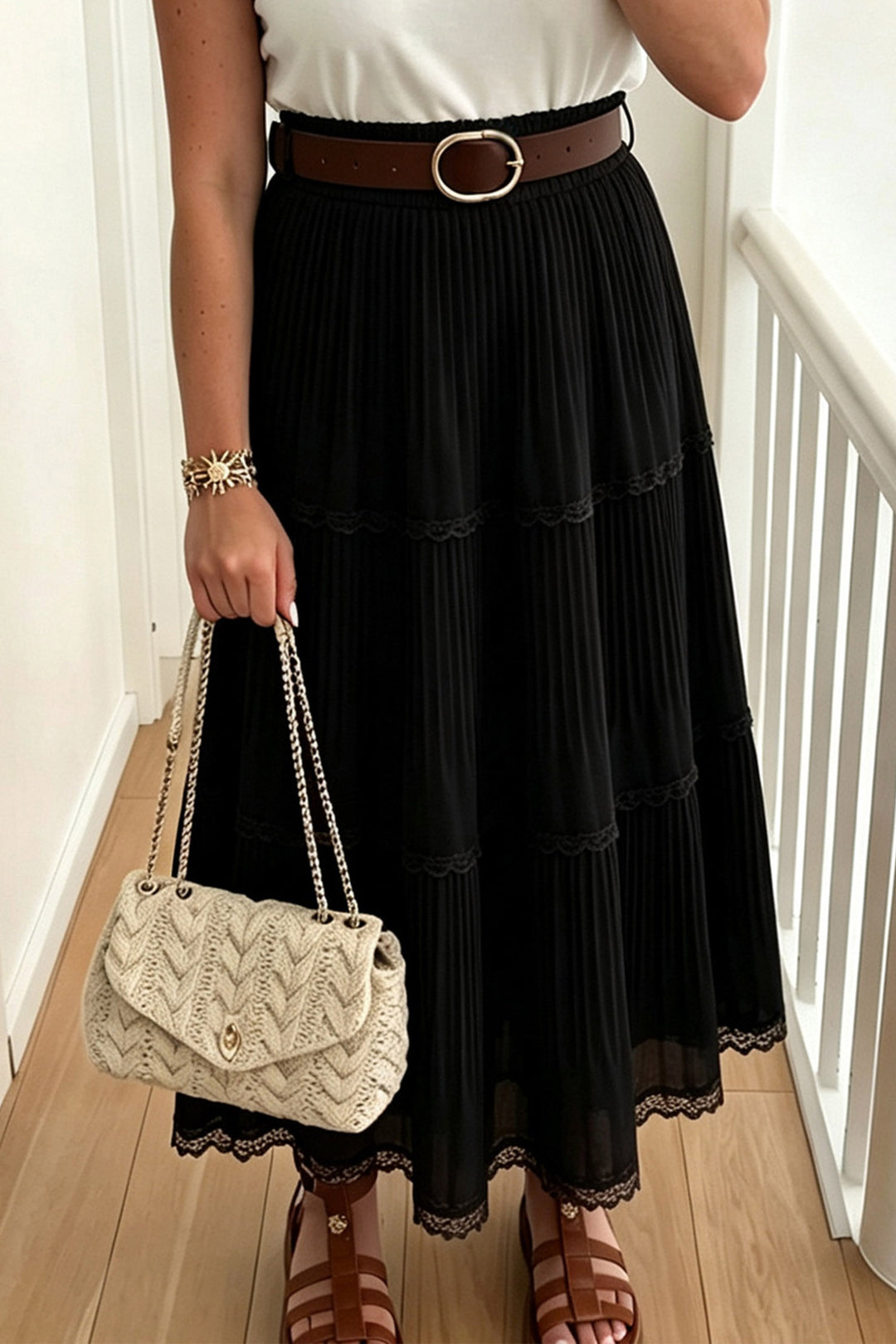 Black Solid Color Pleated Lace Trim Tiered Long Skirt