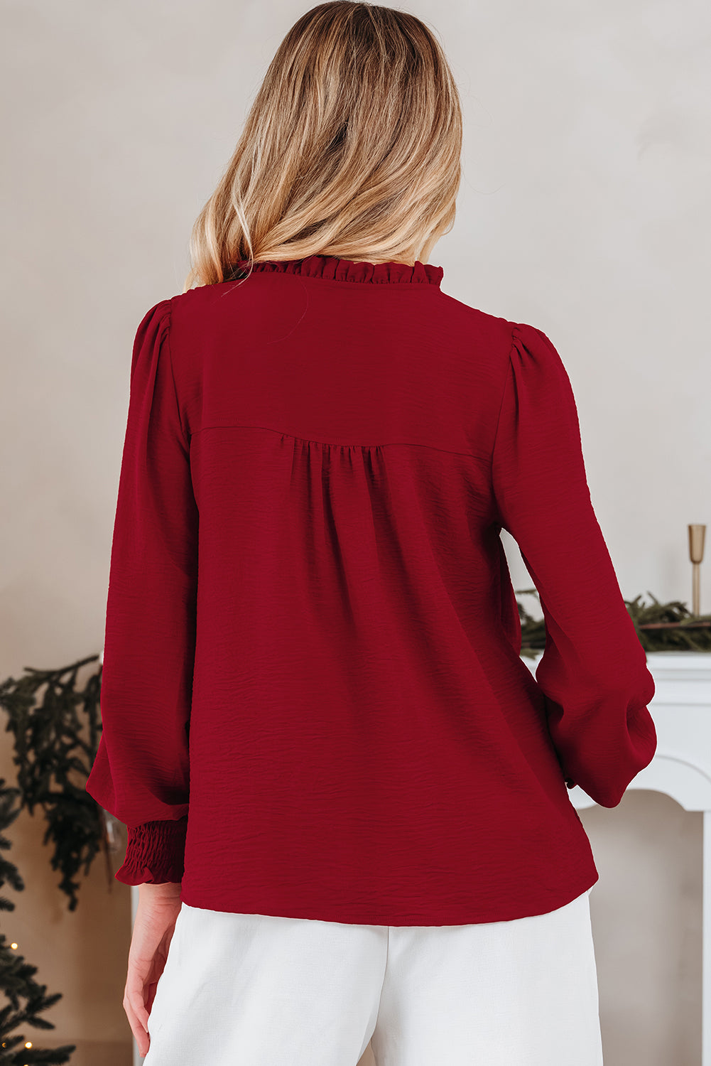 Notched Neck Shirred Cuff Long Sleeve Blouse