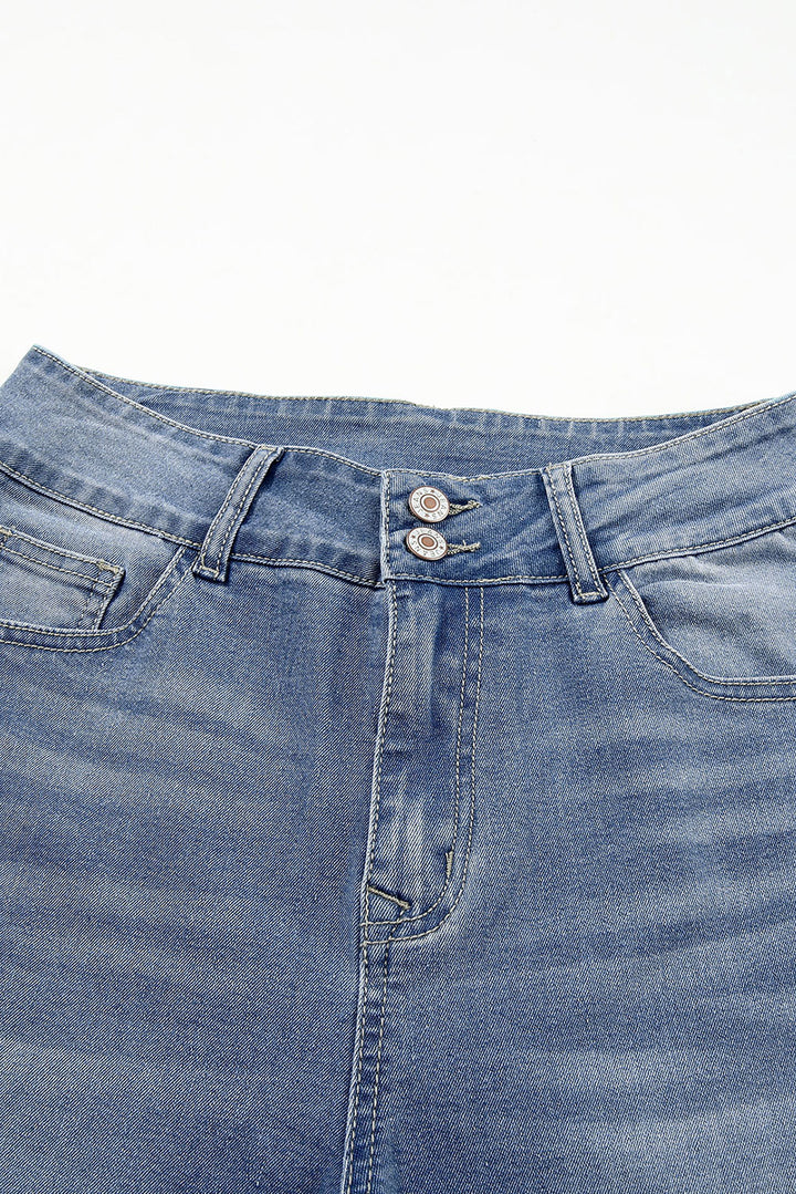 Sky Blue Double Button Raw Hem Slim Fit Jeans