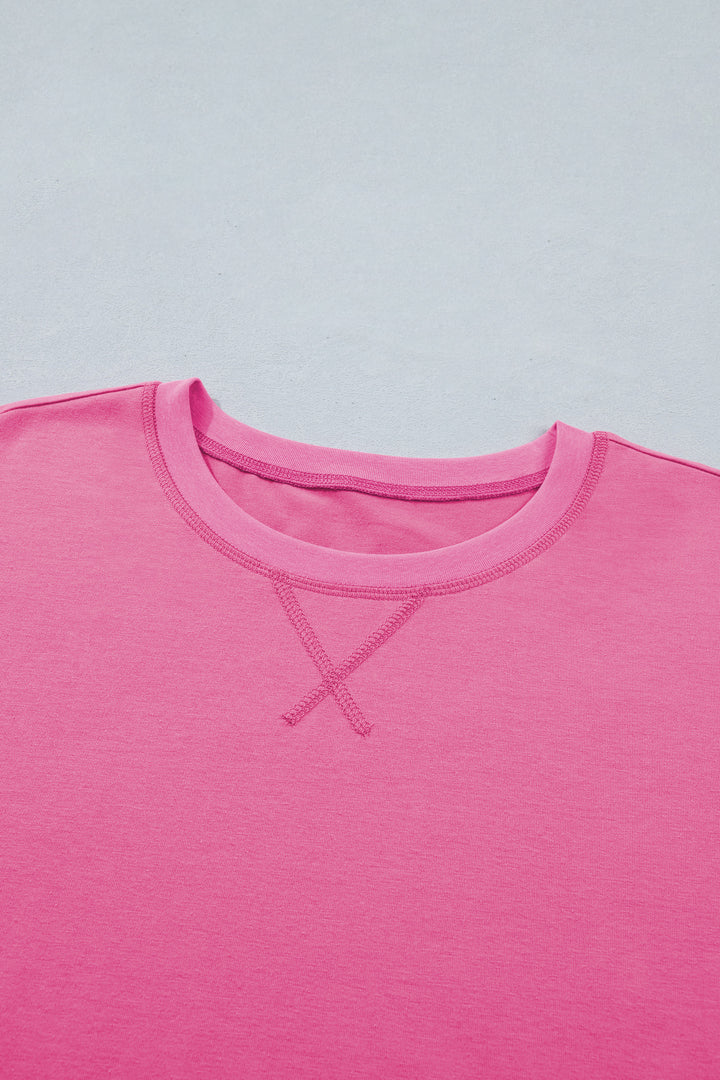 Bright Pink Seam Detail Raw Edge Tee Rainbow Waistband Casual Short Set