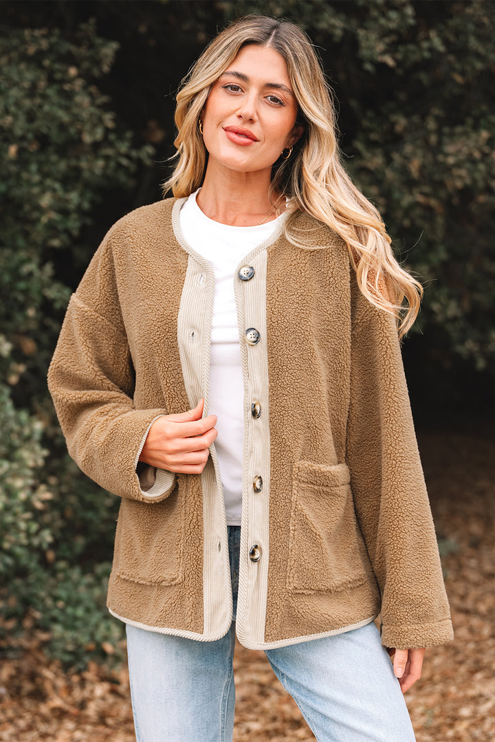 Light French Beige Puffy Plush Corduroy Edge Jacket with Big Pockets