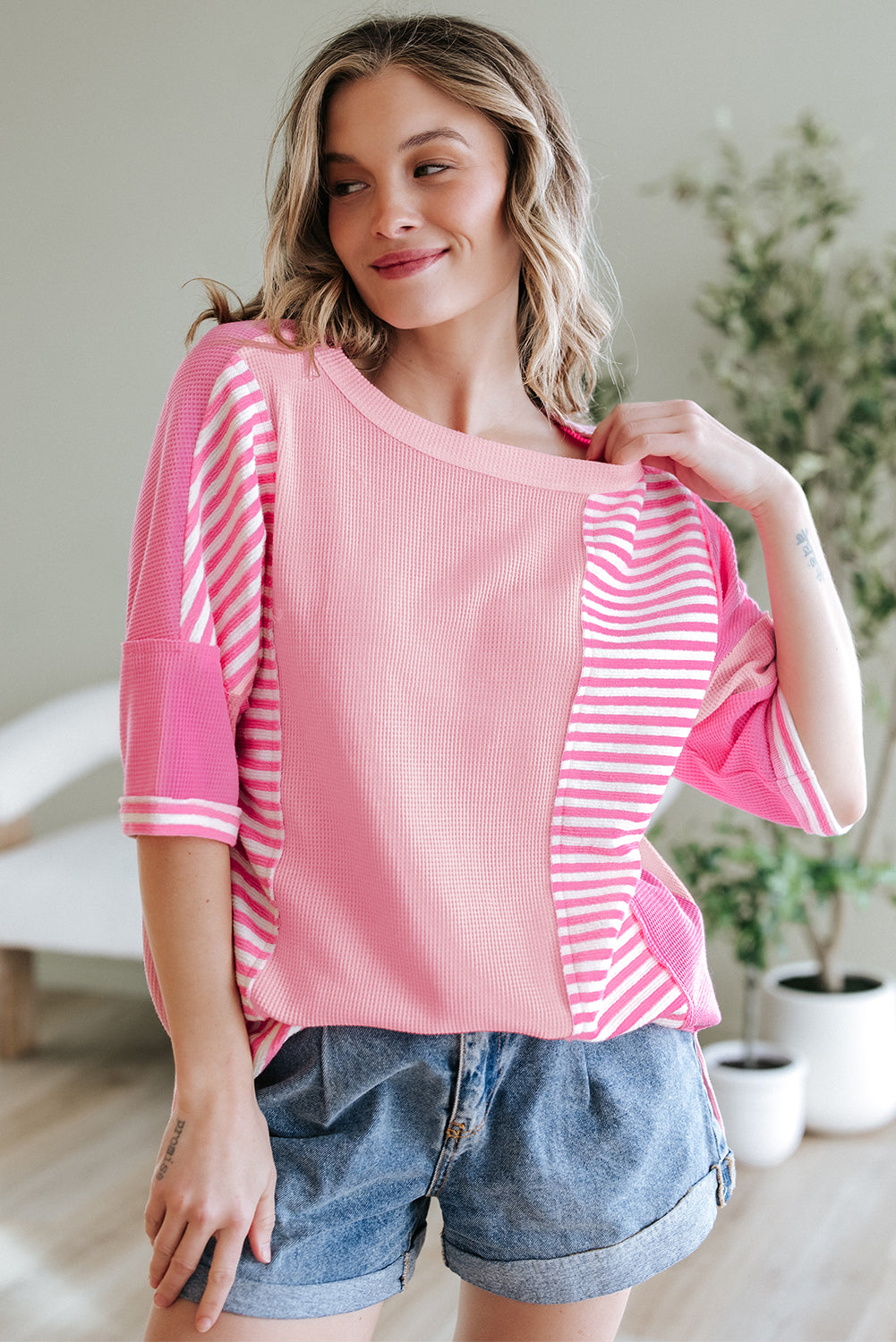 Color Block Patchwork Loose Half Sleeve T Shirt