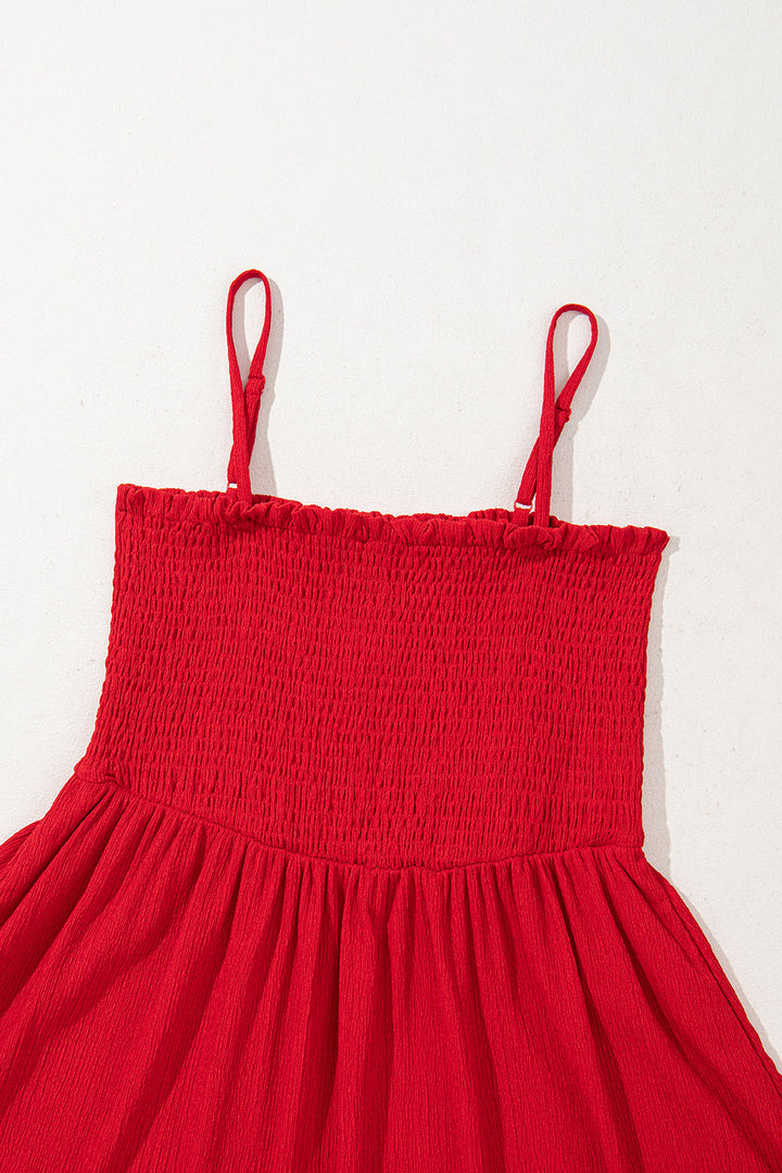 textured shirred ruffled trim spaghetti strap midi dress