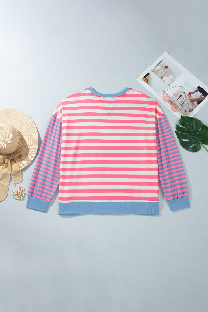 Pink Stripe Colorblock Striped Crewneck Long Sleeve Shift Tunic Plus Size Sweatshirt