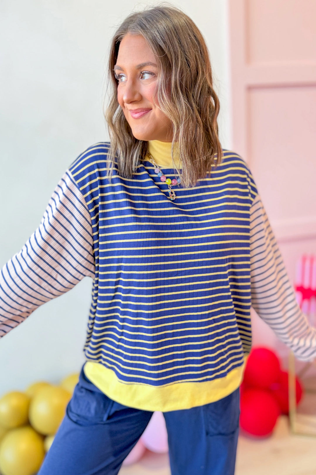 Blue Stripe Contrast Long Sleeve Crew Neck Pullover Top