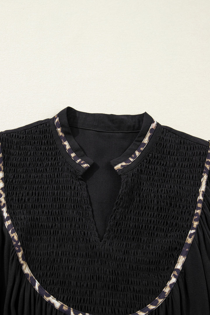Black Contrast Leopard Trim Split Neck Long Sleeve Casual Midi Dress