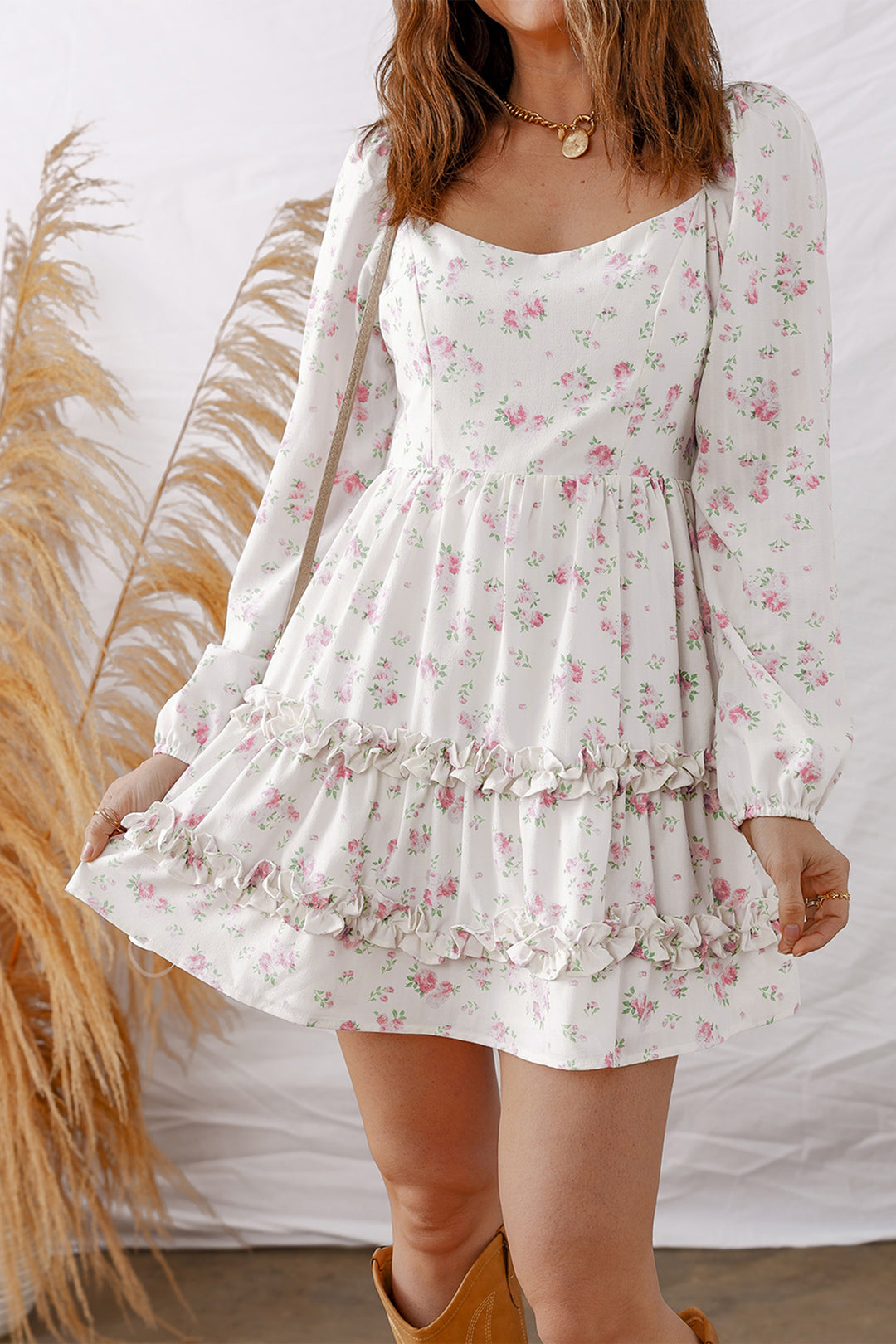 Floral Print Long Sleeve Ruffle Detail Flared Mini Dress