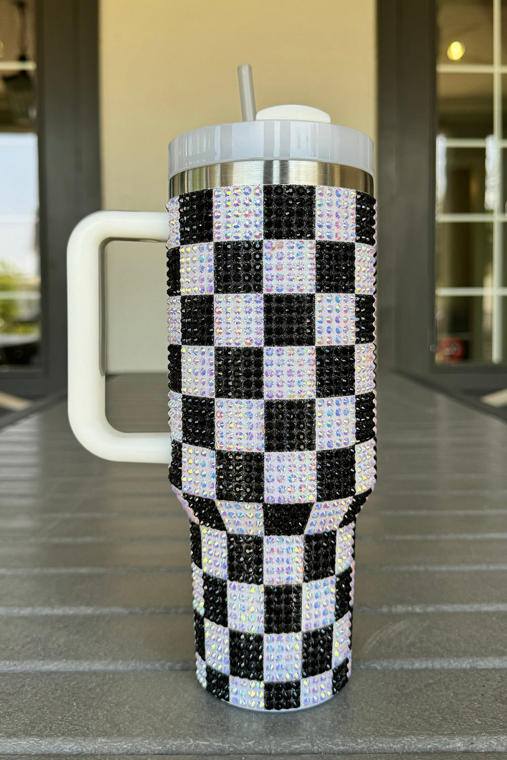 Full Rhinestone Checkerboard Handled Tumbler 40oz