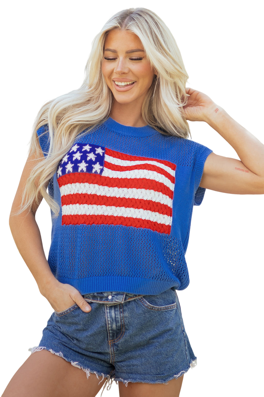 Sky Blue Flag Graphic Short Sleeve Sweater Top