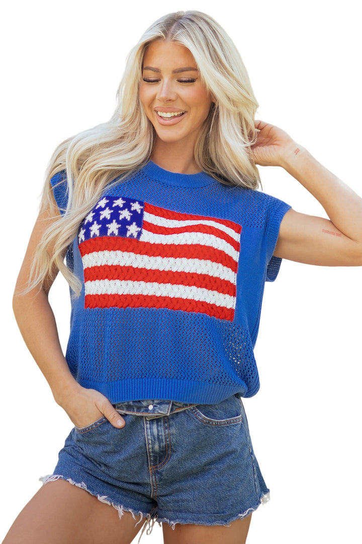 Sky Blue Flag Graphic Short Sleeve Sweater Top