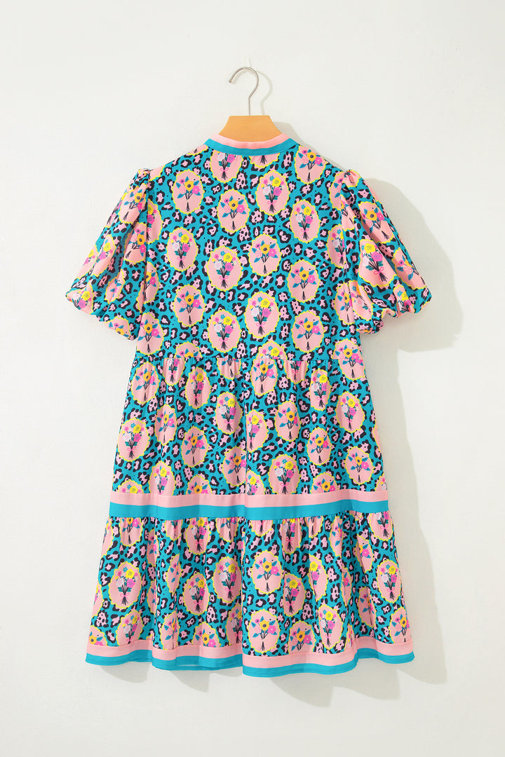Green Leopard Floral Short Dress