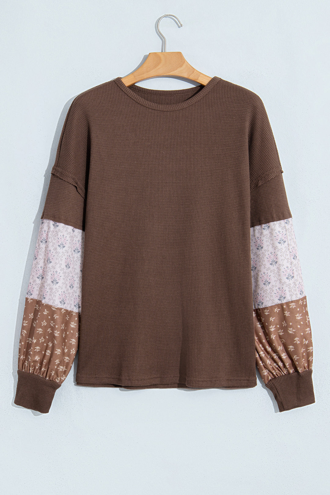 Coffee Floral Print Colorblock Long Sleeve Textured Loose Pullover Tunic Top