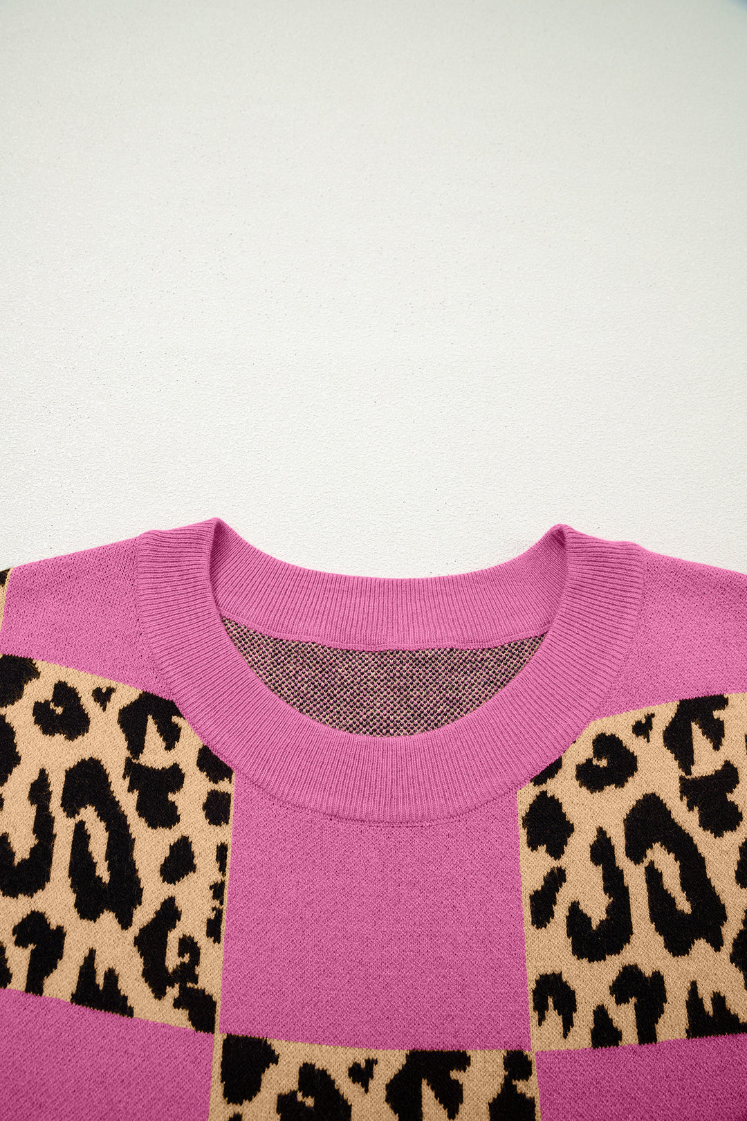 Rose Red Leopard Checkerboard Short Sleeve Knit Sweater
