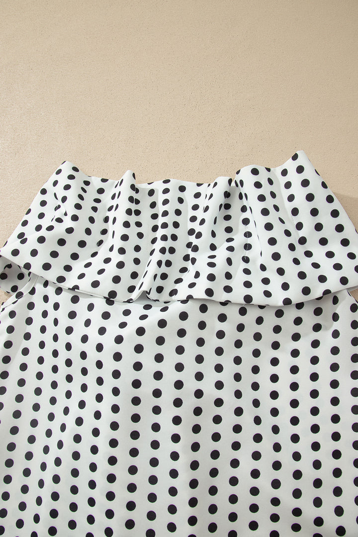 White Polka Dot Off Shoulder Bow Knot Short Sleeve Blouse