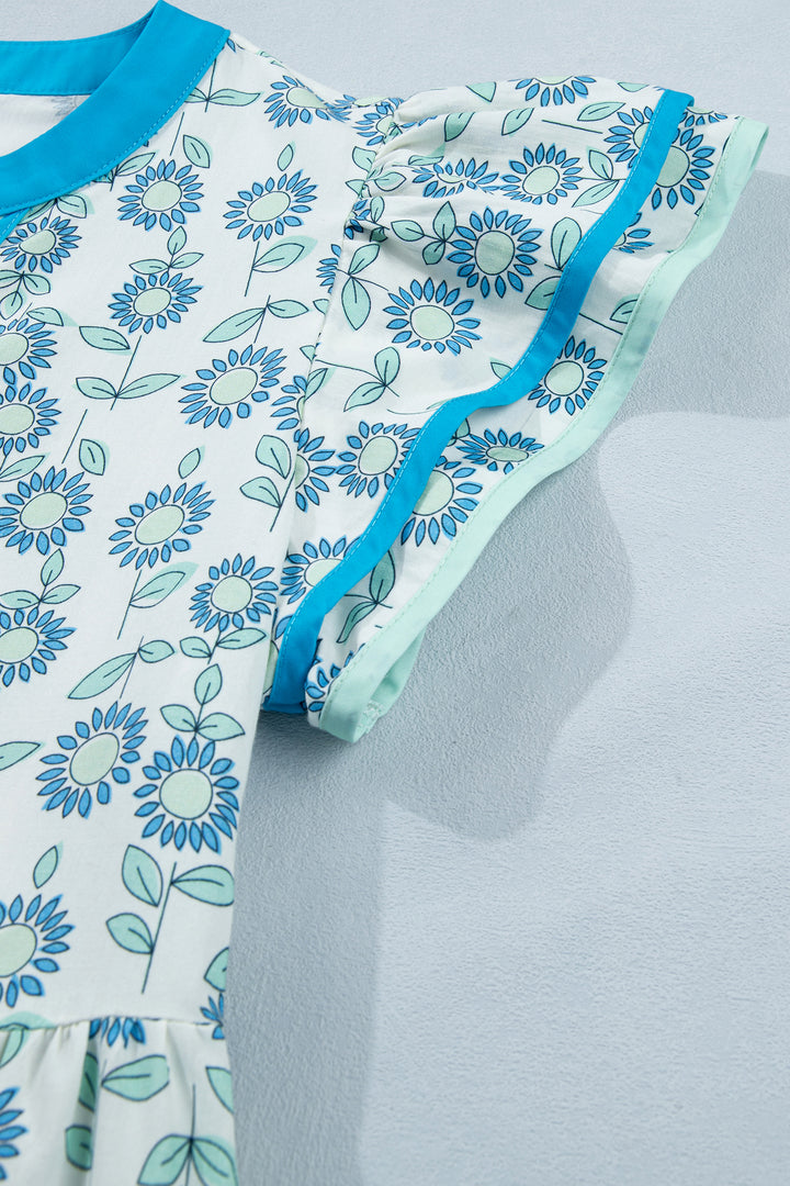 Sky Blue Floral Print Contrast Trim Flutter Sleeve Mini Dress