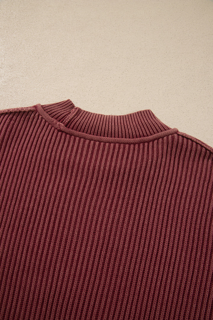 Red Dahlia Drop Shoulder High Neck Ribbed Sweater