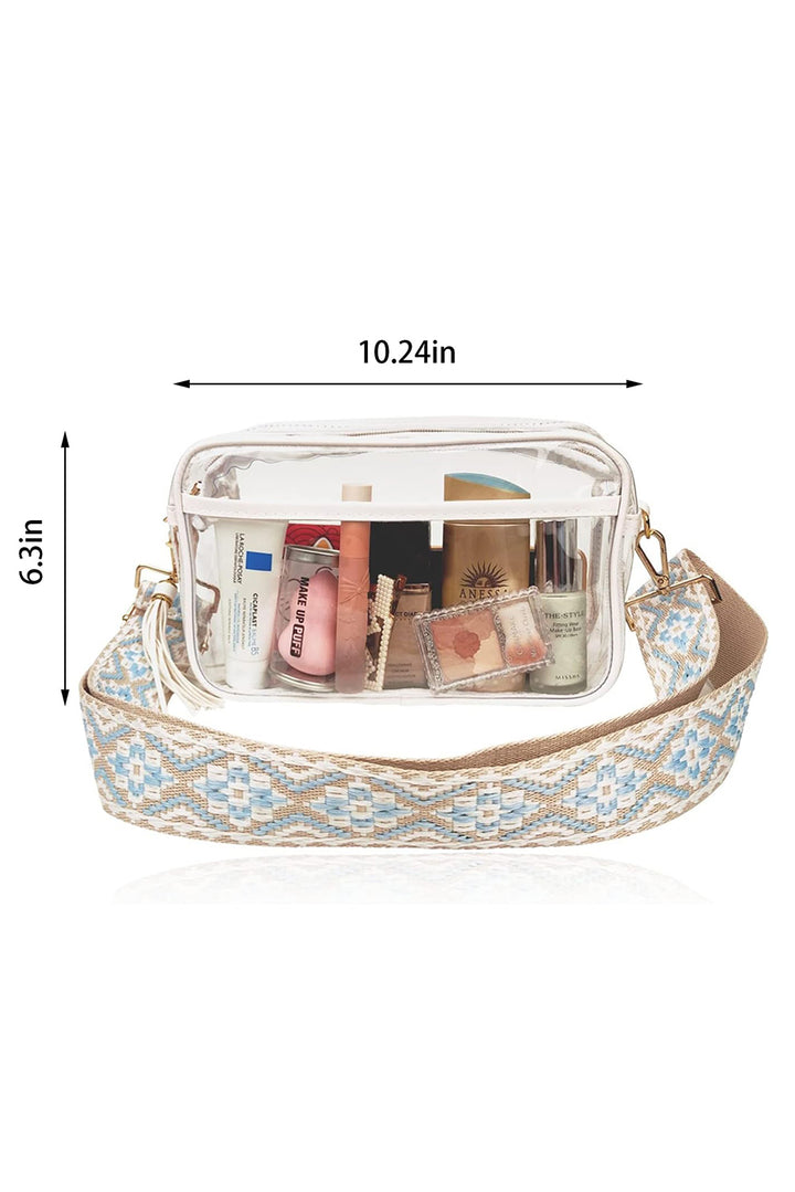 Transparente Schultertasche mit Quaste und Geo-Print am Rand