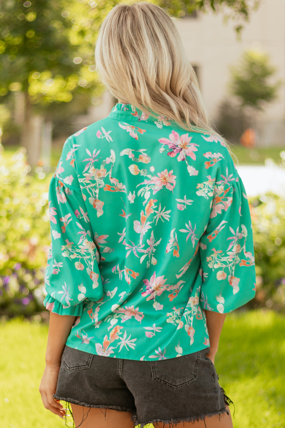 Floral Lantern Sleeve Button Front Shirt