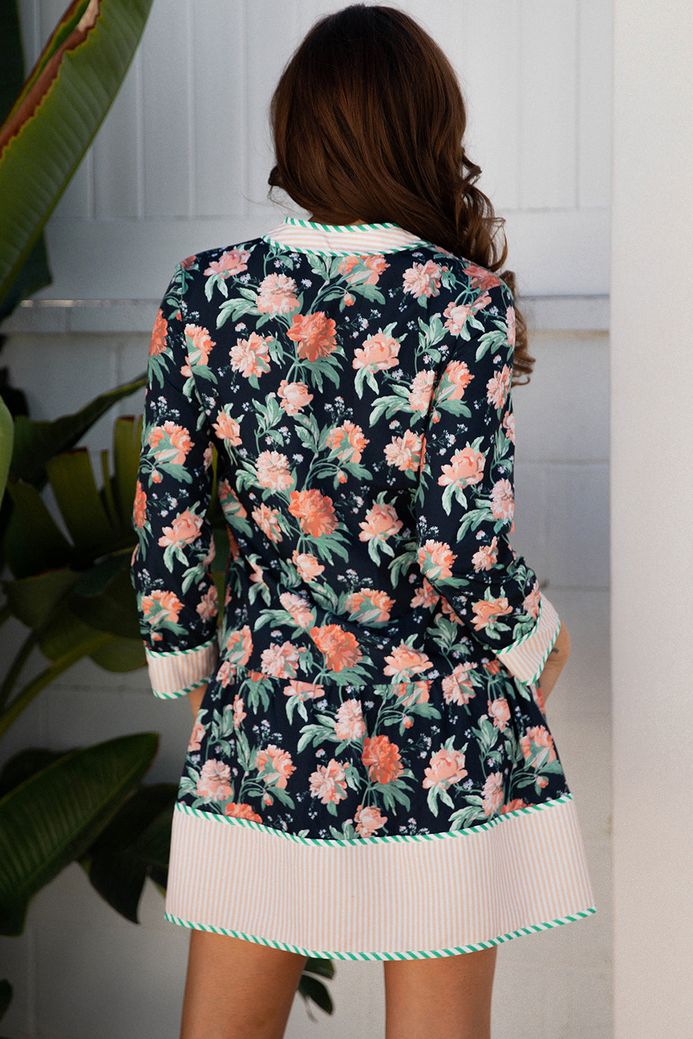 Floral Print Striped Trim V Neck Long Sleeve Ruffle Hem Shift Mini Dress