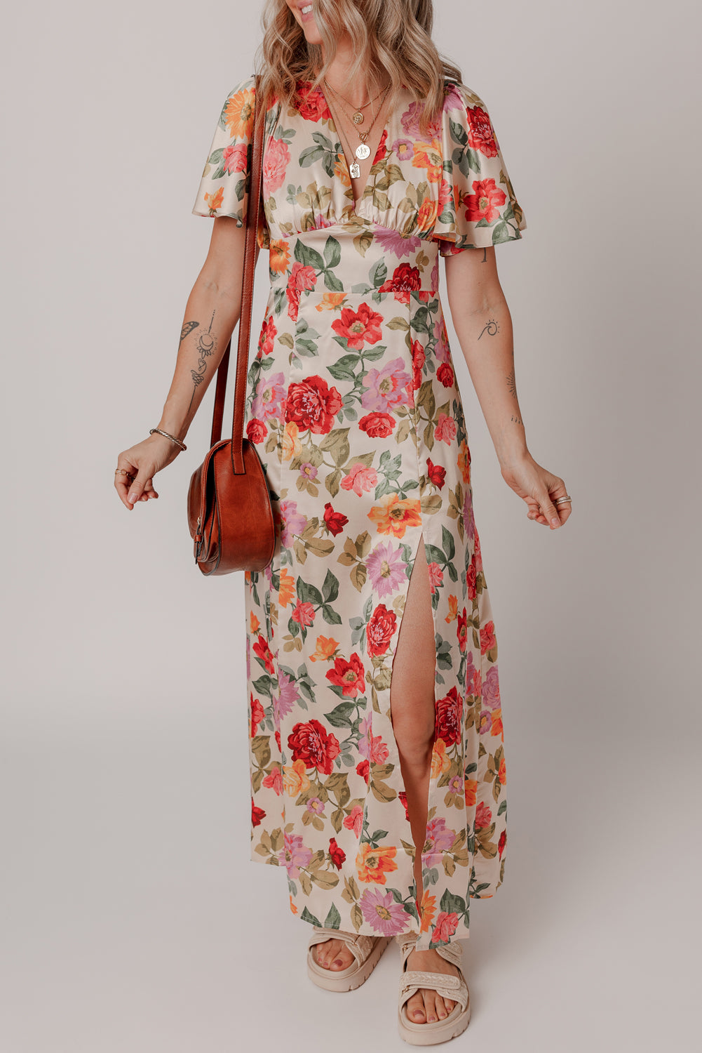 Vintage Floral V Neck Short Sleeve Tie Back Long Slit Dress