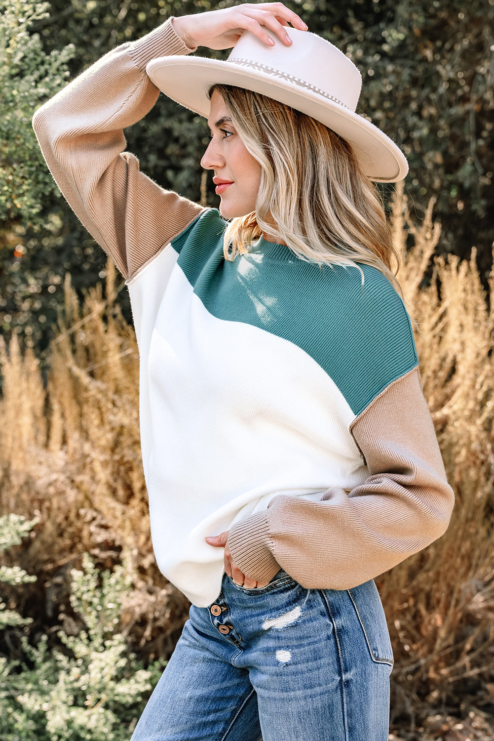 Color Block Plain Ribbed Knit Baggy Sweater