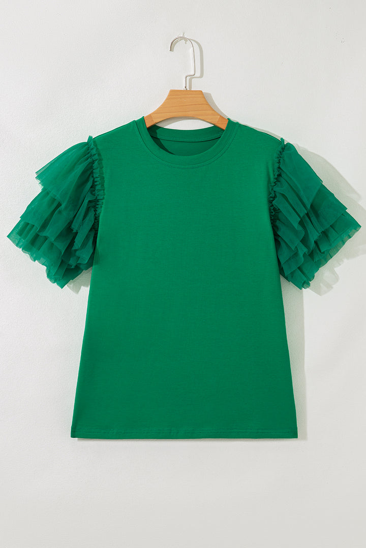Dark Green Tulle Ruffle Sleeve Blouse