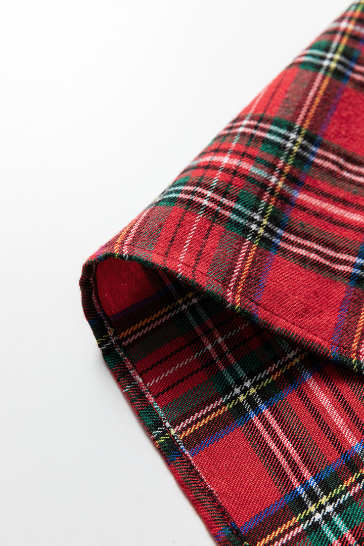 Festive Plaid Pearl Embellished Ruffle Short Sleeve Blouse
