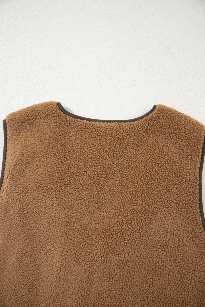 Light French Beige Contrast Trim Tie Front Sherpa Vest
