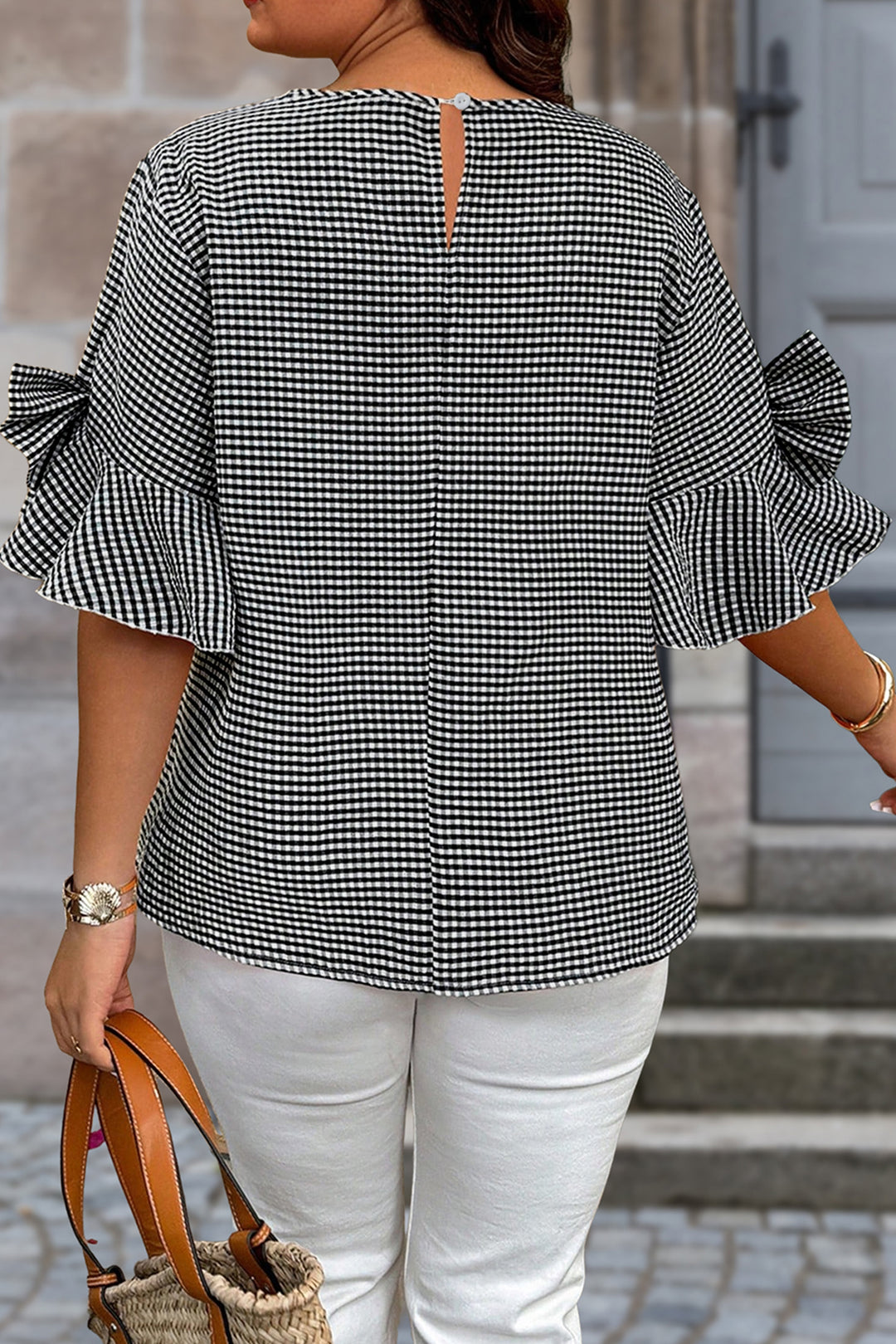 Black Plus Size Plaid Bow Decor Bell Sleeve Round Neck Jumper