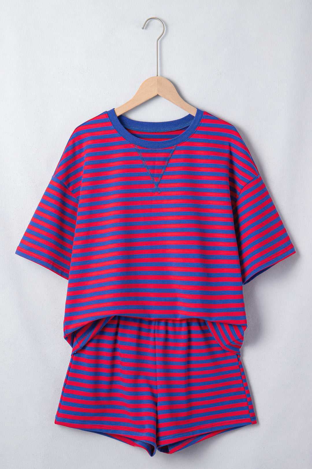 Navy Stripe Ribbed Cotton Two-Piece Short Set with Chest Patch Detail
