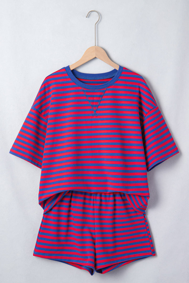 Navy Stripe Ribbed Cotton Two-Piece Short Set with Chest Patch Detail