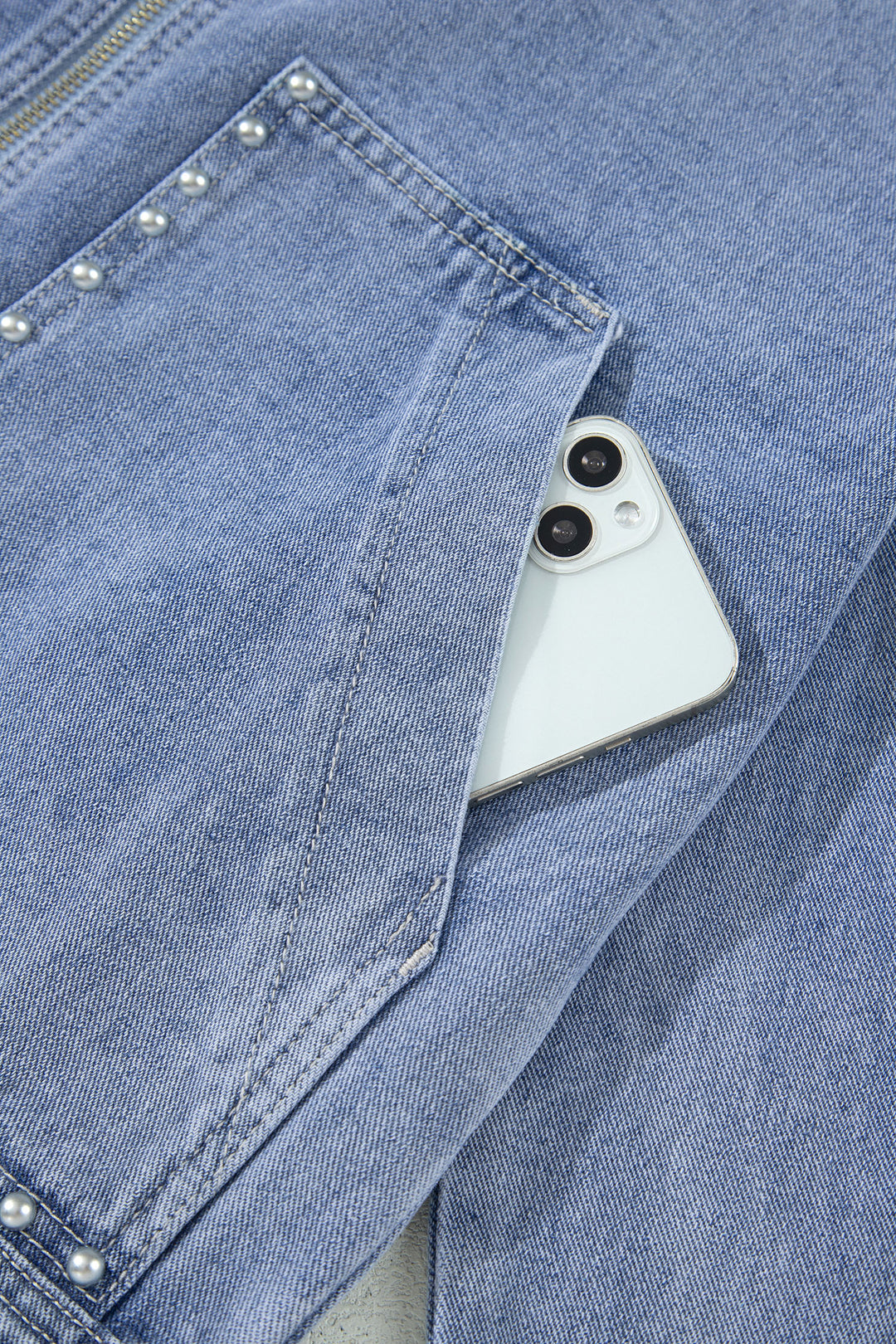 Beau Blue Studded Metal Zipper Rivet Pockets Denim Jacket