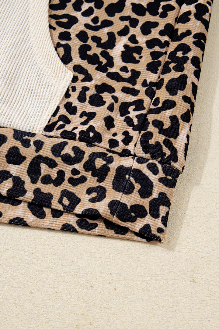 Leopard Print Waffle Contrast Kangaroo Pocket Hooded Sweatshirt