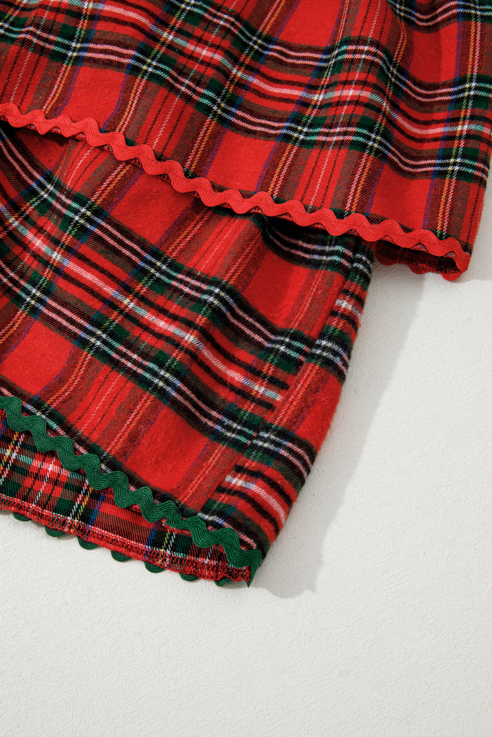 Plaid Print Ricrac Tiered Bubble Sleeve Mini Dress