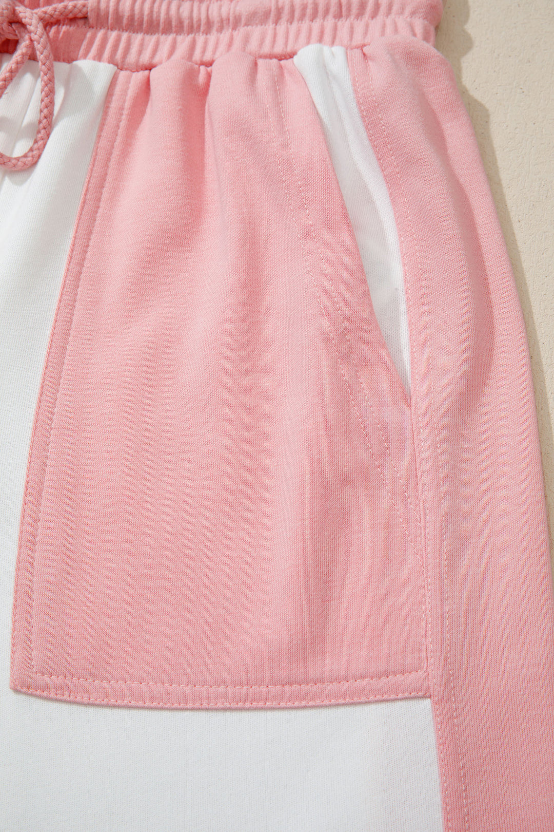 White Two-tone Color Block Patchwork Tee Drawstring Loose Pant Set