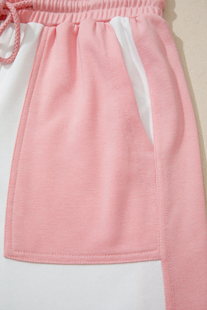 White Two-tone Color Block Patchwork Tee Drawstring Loose Pant Set