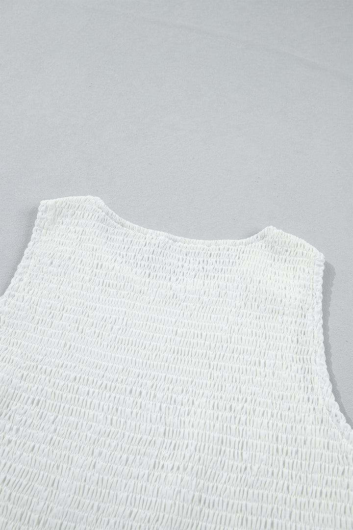 Chic White Sleeveless Smocked Lace Peplum Top