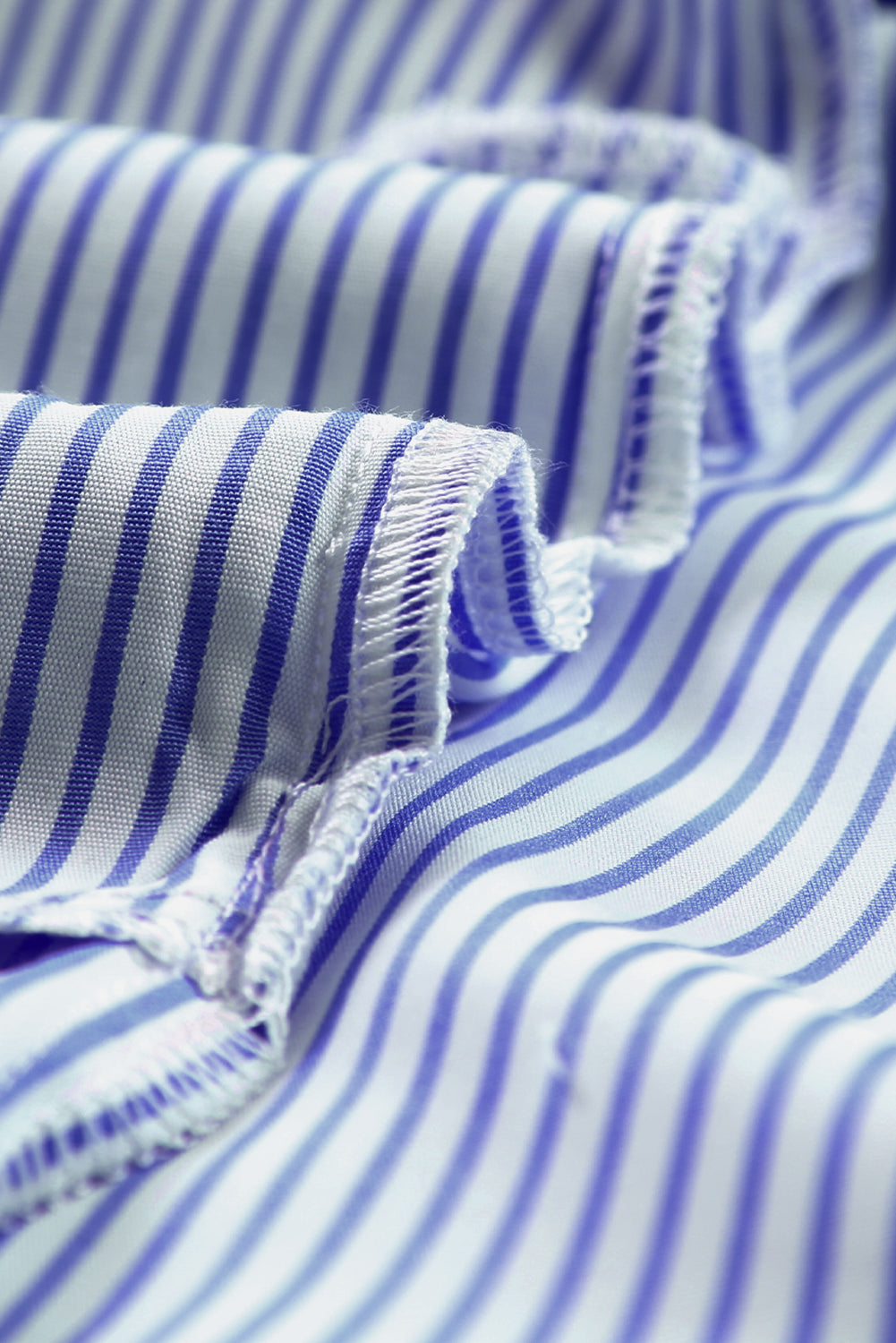 Blue Stripe Smocked Cuffed Striped Boyfriend Shirt with Pocket