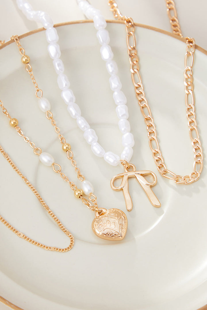 Bow Heart Pendant Pearl Chaining Plated Necklace