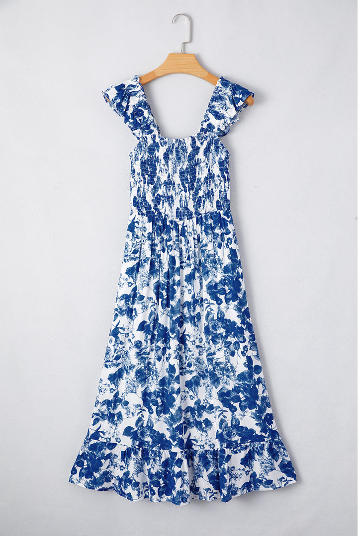 floral ruffle strap square neck smocked bodice midi dress